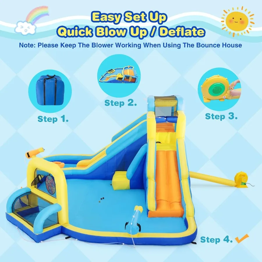에어바운스 워터 슬라이드, 워터파크 바운스 하우스, 세 개의 슬라이드가 있는 바운서 캐슬 플레이하우스 (물놀이 풀, 클라이밍 월, 펠트볼 타겟 포함)