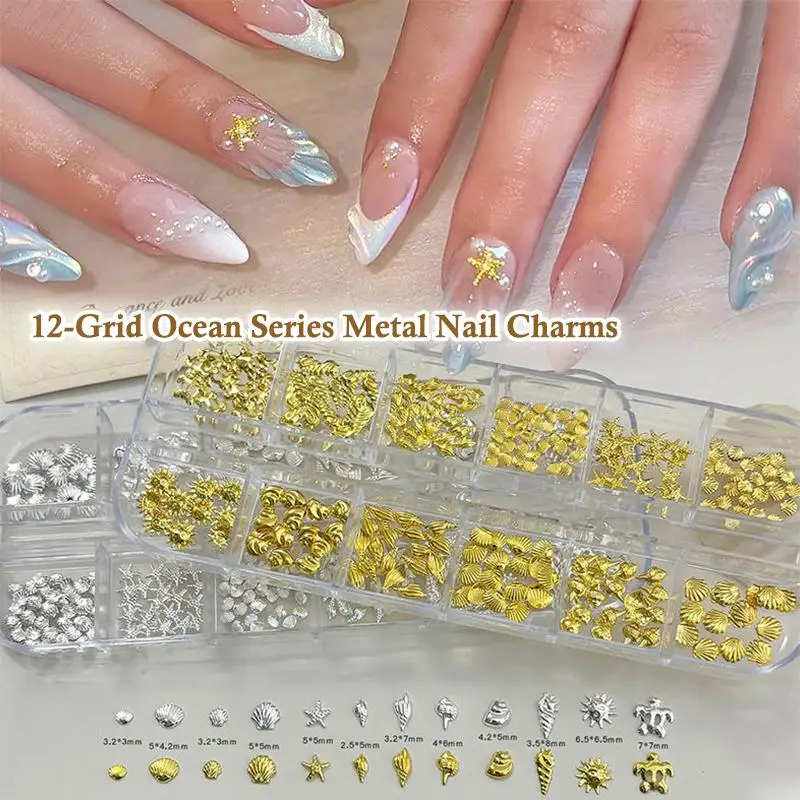 【12Grids Sea Series Nail Art Rhinestones Seestern Seepferdchen Mehrere Formen Gold Silber Metallnieten-Charms für Acrylnägel】
