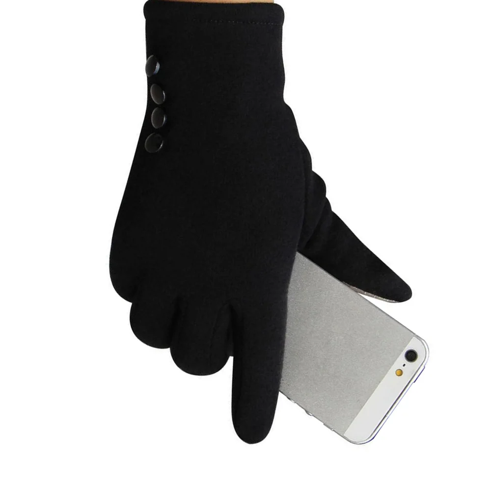 

Women Touch Screen Warm Four Buckles Female Winter Outdoor Riding Anti-Slip Water-Resistant Cotton Gloves Free Size Black Color
