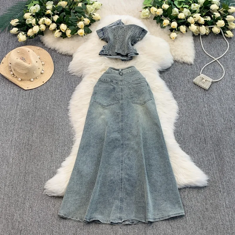 

American Vintage Off Shoulder Strapless Vest for Women+ Tassels Slim Waist Bodycon Denim Skirts 2025 Summer New Two Piece Sets