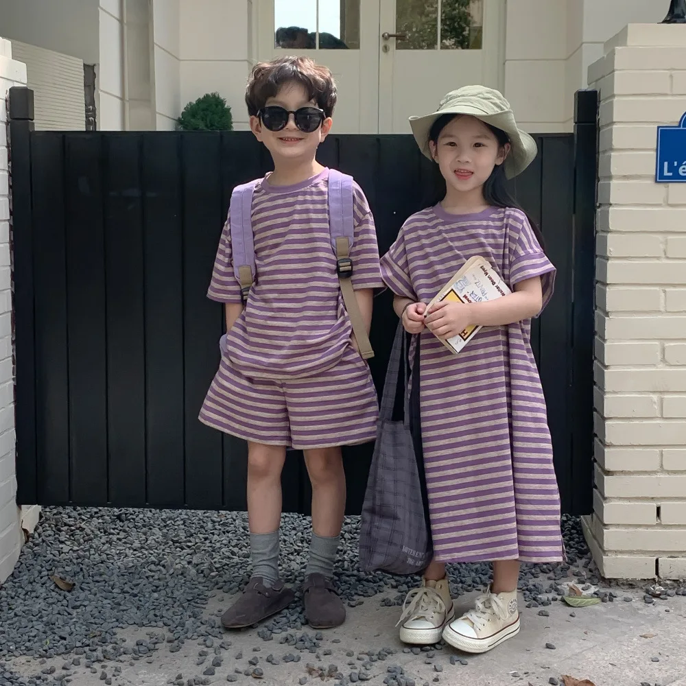 Children's Siblings Summer Boys' Short Sleeve+Shorts Two Piece Set Girls' Purple Stripe Guards Dress Kids Clothes Girls And Boys