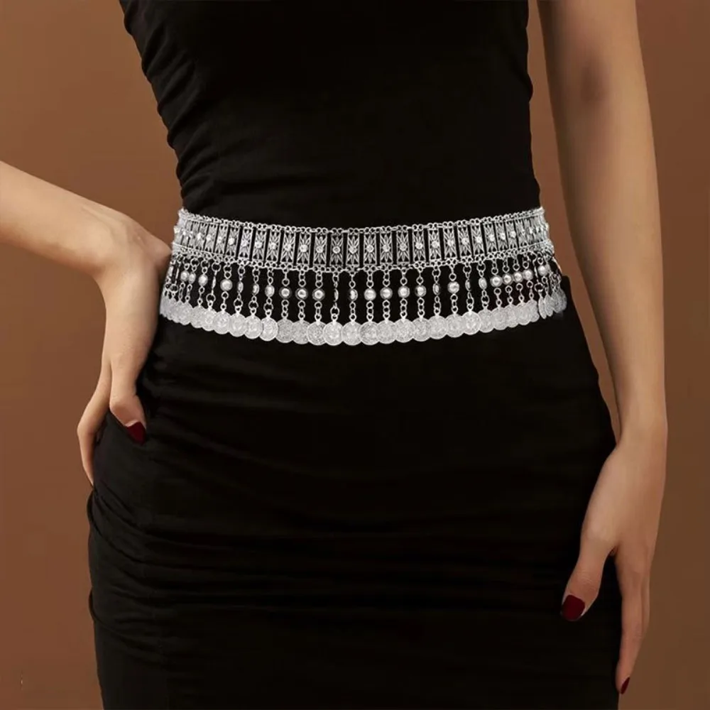 Metal Belly Dance Belt Adjustable Coin Tassel Waist Chain Belt Wide Tassel Ethnic Style Tassel Belt Belly Dance Performance