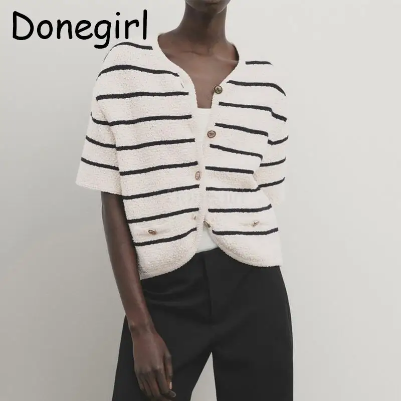 

Donegirl 2024 Spring Women Fashion Single-breasted Short Sleeve Striped Knitted Sweater Cardigans Coat Simple Tops Female Chic