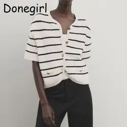 Donegirl 2024 Spring Women Fashion Single-breasted Short Sleeve Striped Knitted Sweater Cardigans Coat Simple Tops Female Chic