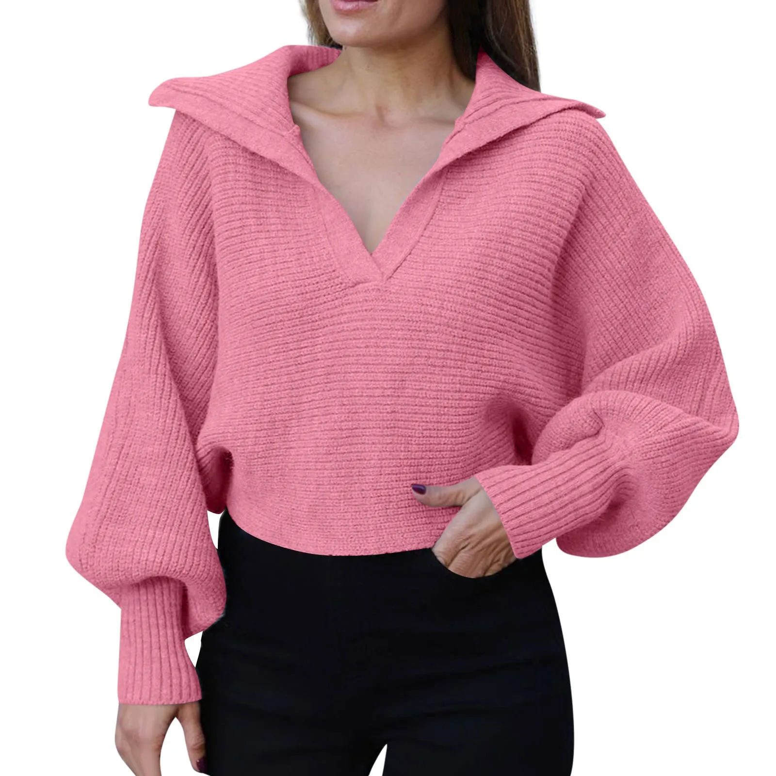 المرأة الخامس الرقبة فانوس كم طويل سترة بلون عادية متماسكة البلوز العصرية الخريف الشتاء المحاصيل البلوز للسيدات #5