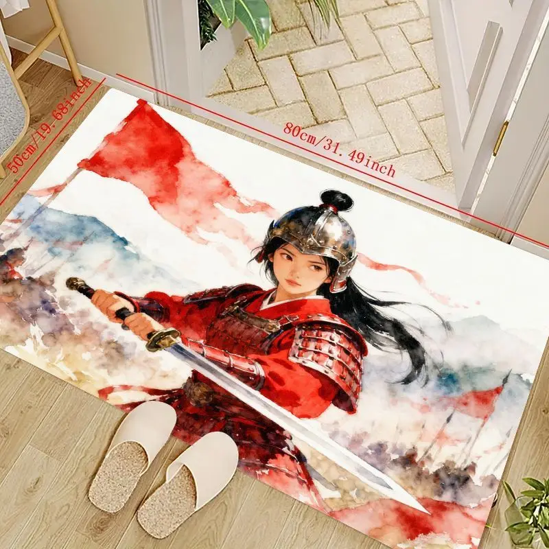 

1PC Anime Style Ancient Chinese Warrior Woman Floor Mat, Female General with Sword Watercolor Art Print Area Rug, Mulan Inspired