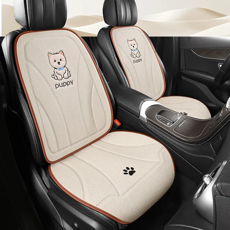 Cute Cartoon Puppy Car Seat Cover Flax Car Seat Protection Cushion Cute Car Accessories Universal Seat Covers 5 Seats Full Set