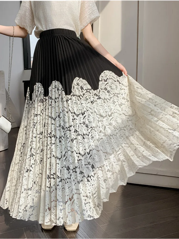 SMTHMA High-Quality Women A-Line Elastic High Waist Lace Patchwork Pleated Skirt 2024 Spring Summer Korean Fashion Long Skirt