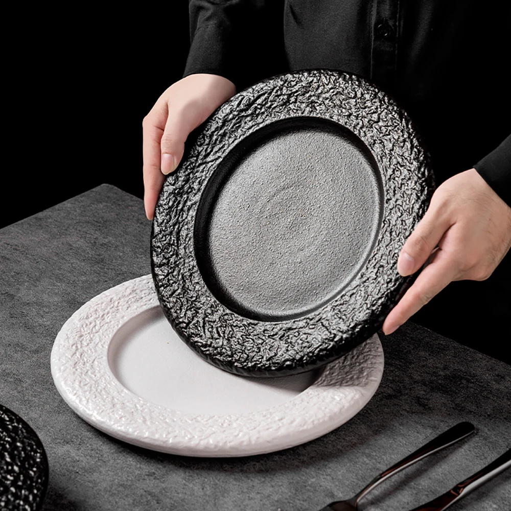 Ins European Style Relief Ceramic Plate Black White Rough Texture Ceramic Steak Plates Restaurant Kitchen Dining Daily Tableware