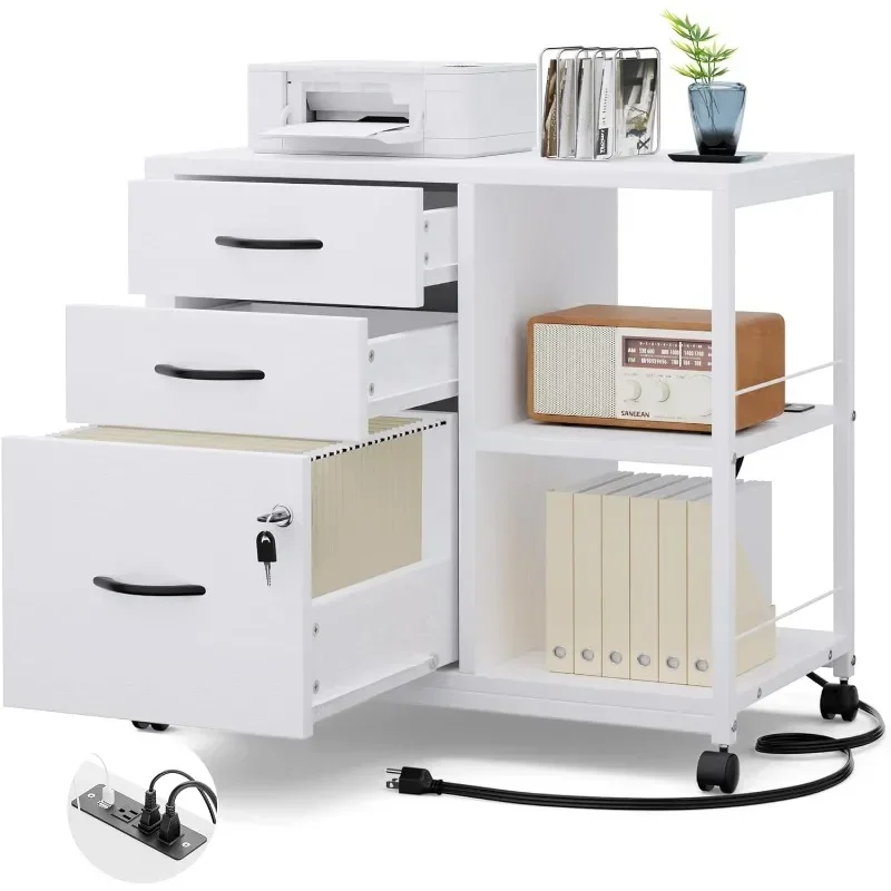 Himusi File Cabinet, Filing Cabinets for Home Office with Lock and USB Charging Port, 3 Drawer Wood File Cabinets