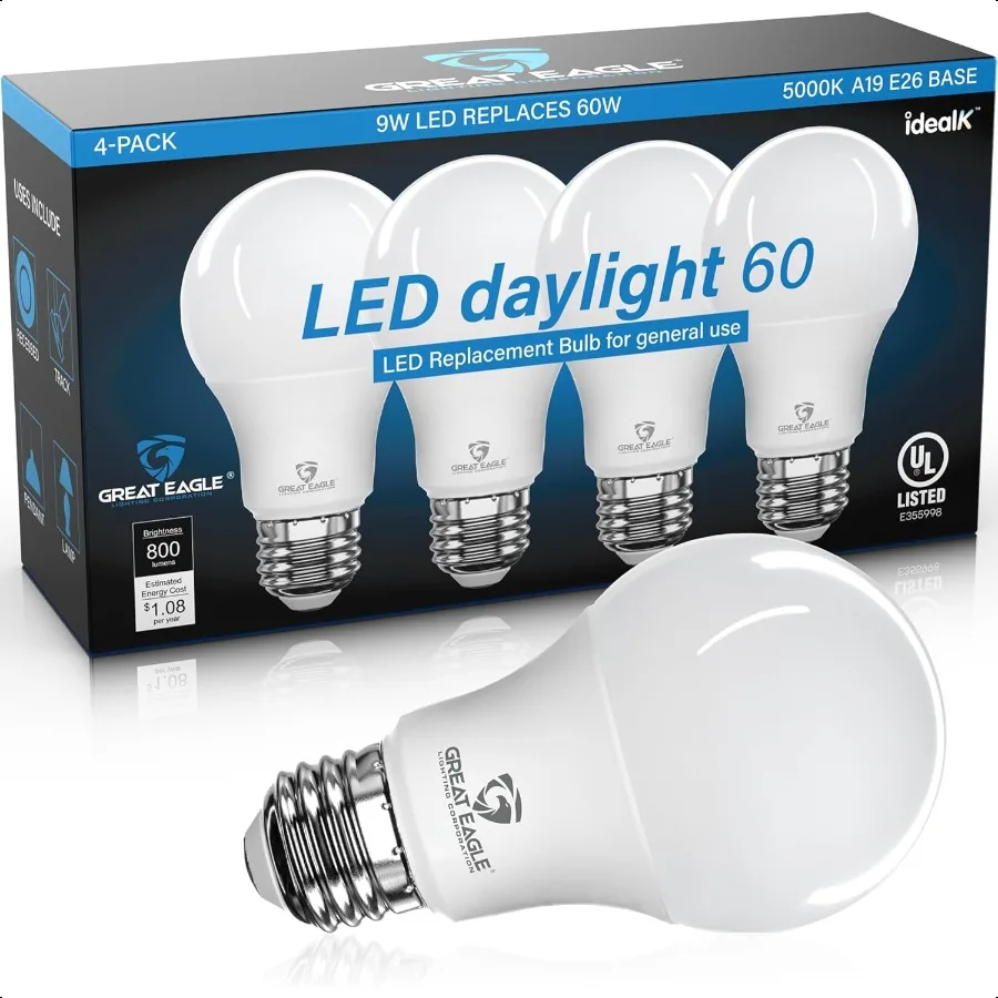 

Great Eagle A19 LED Light Bulbs 60 Watt Equivalent UL Listed Daylight 5000k LED Light Bulbs 9W n Dimmable 800 Lumens 4 Pack