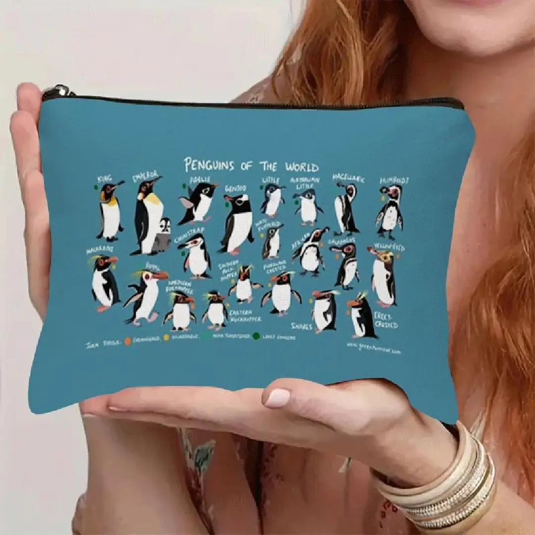 Un sac de maquillage à motifs pingouin – jolie pochette multifonctionnelle à fermeture éclair pour femmes, sac de rangement de bijoux