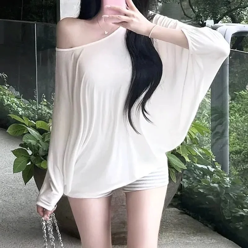 Dongda Gate New Style Sexy Shoulder Bared Thin Transparent Long Sleeve T Shirt Women's Loose Fit Fashionable Korean Version