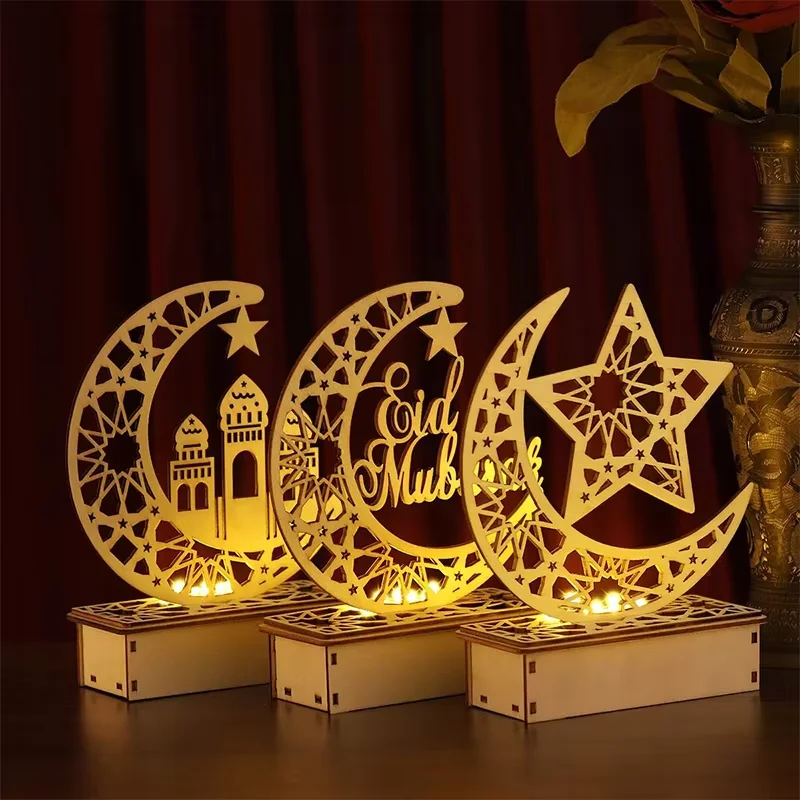 

Wooden Moon Star Table Lamp Ramadan Mubarak Eid Decoration for Home Party Supplies Islamic Festival Family Gathering Celebration
