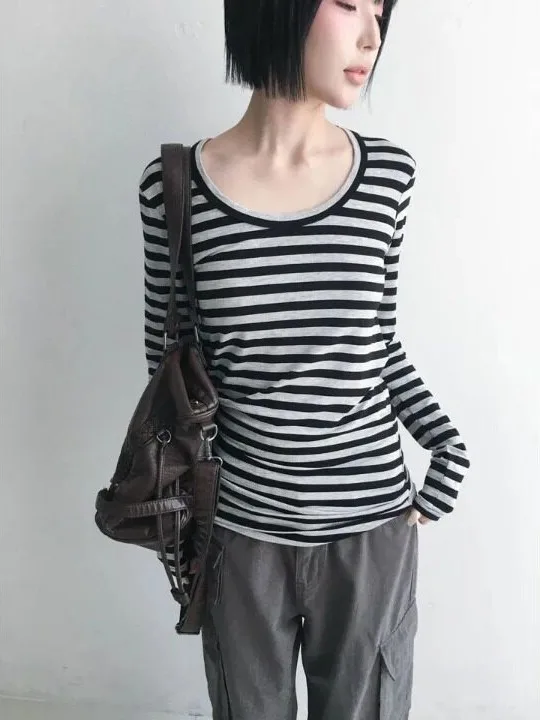 Korean Style Basic Striped round Neck T-Shirt Inner Wear Mid-Length Autumn Winter Light Weight Gray Black Vertical Stripes Top