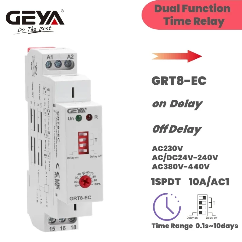 GEYA GRT8-EC 10A Dual Function Timer Relay on Delay or off Delay Relay AC220V AC380V ACDC24V-240V Time Relay CE CB ROHS