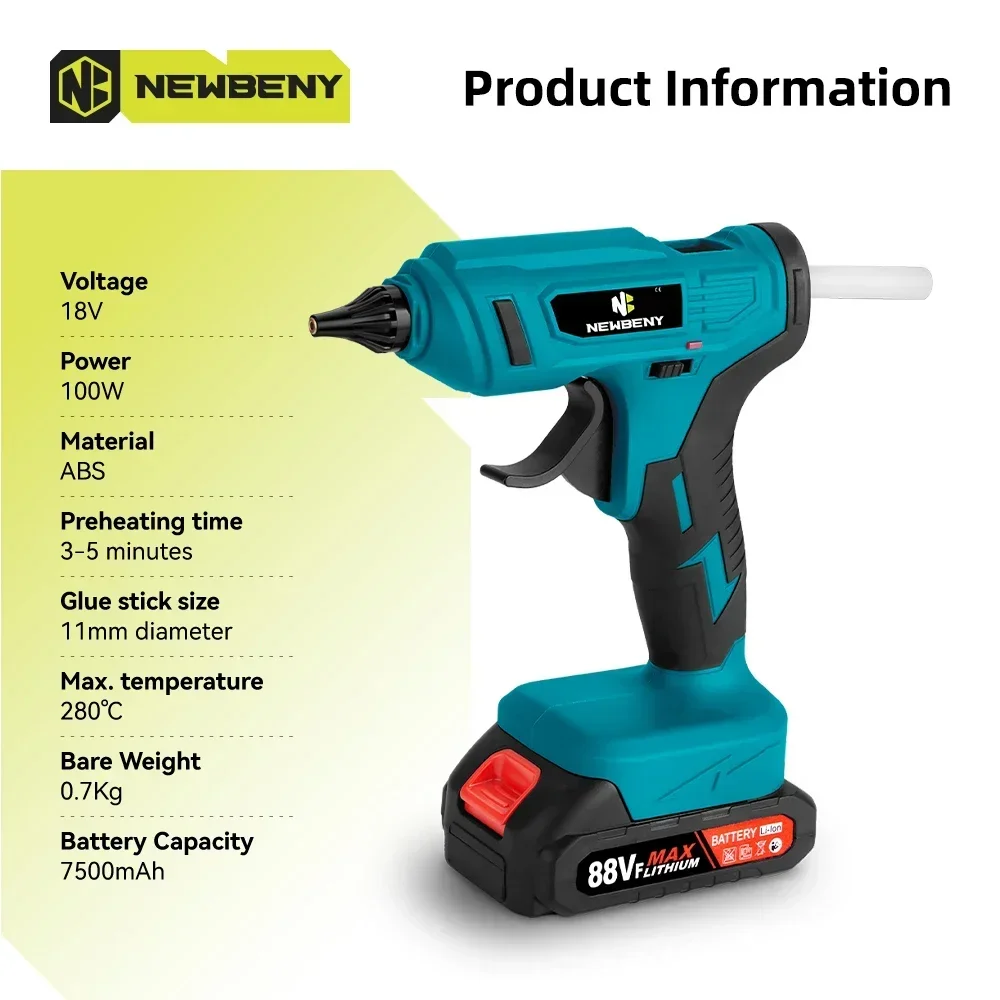 NEWBENY 280°C Cordless Hot Melt Glue Gun Rechargeable Fast Heating 11mm Glue Stick DIY Repair Power Tools For Makita 18V Battery