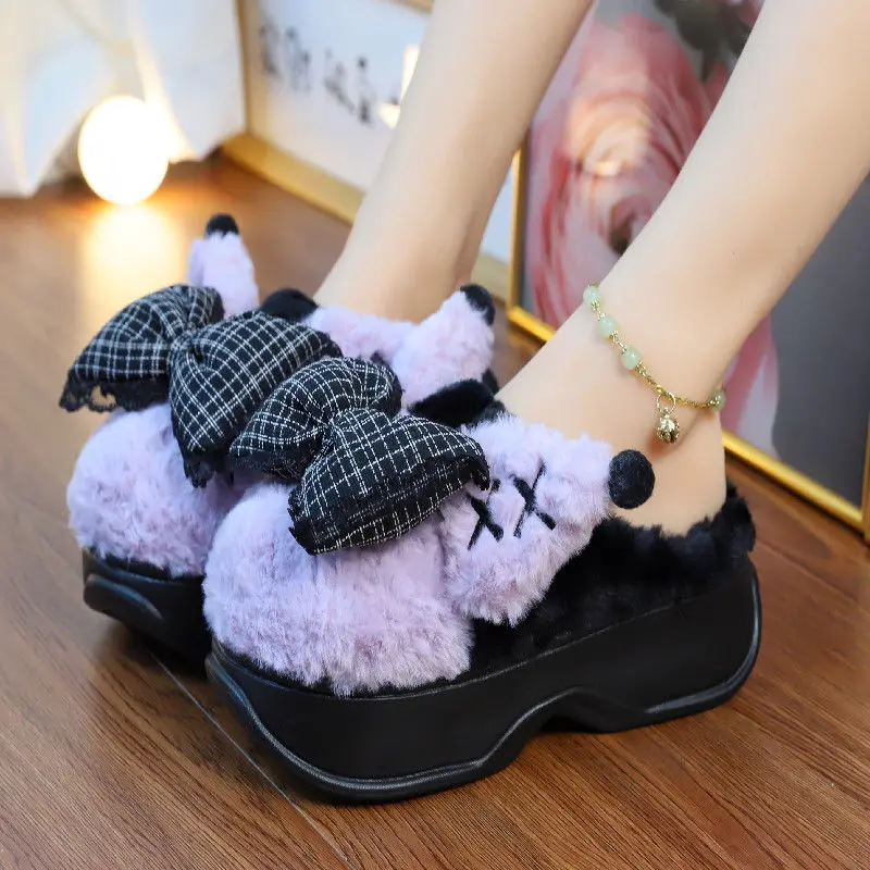 

2024 New Women's Bowknot Slippers Home Girls 5cm High Heels Platform Shoes Slipper Woman Fluffy Fashion House Shoes