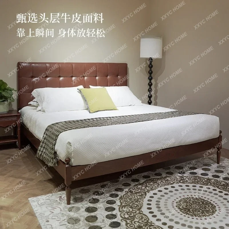 A  Medieval Leather Master Bedroom Large Bed Modern First Layer Cowhide Pull Point Wedding Bed American Retro Double Bed 1.8 Me