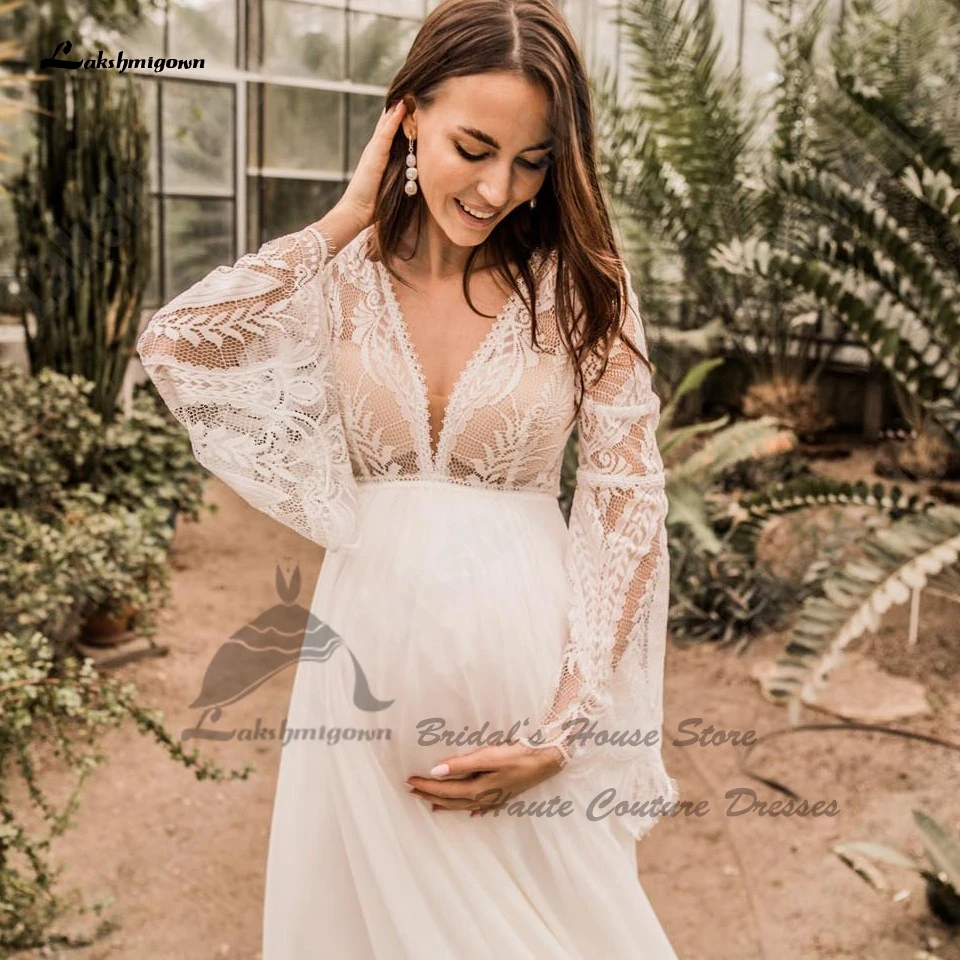 chinese dress ladies Shimmery Detachable Bell Sleeve Lace Maternity Wedding Dress Light Ivory main image 0