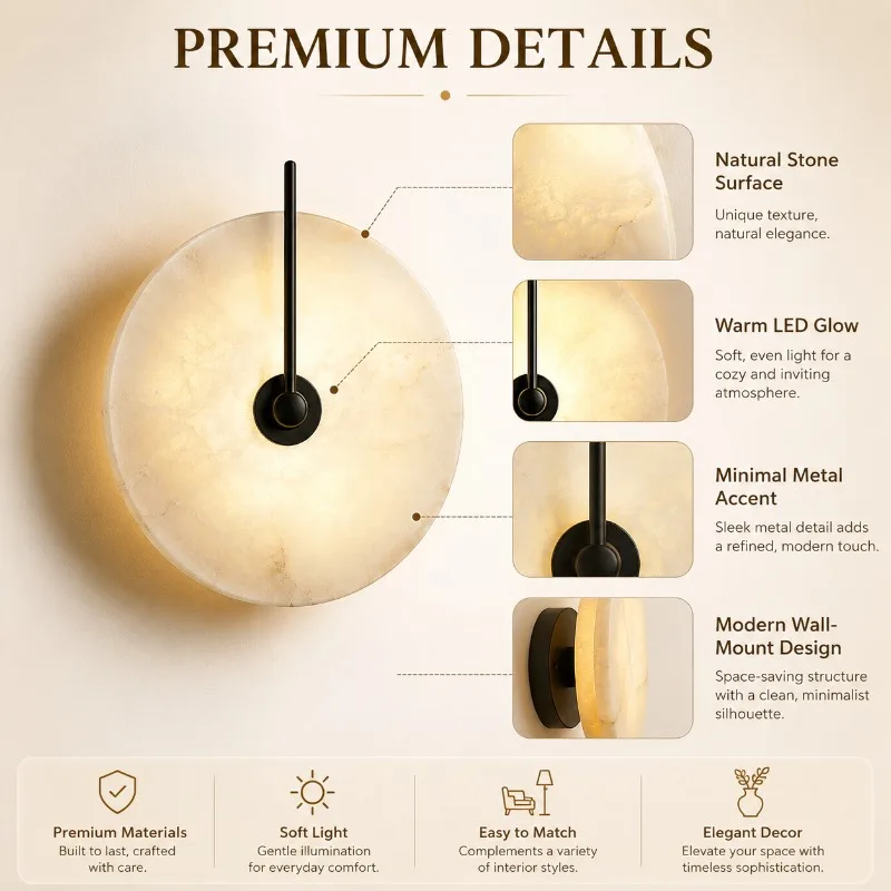 Natural Marble Round Wall Light Modern LED Wall Sconce 3000K for Bedroom Hallway Villa Courtyard Hotel Interior Decor Fixture