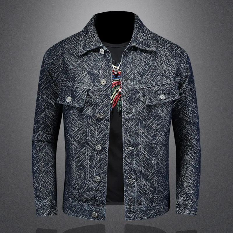 High Quality Casual Jacquard Denim Jacket Men's Spring Versatile Business Social Denim Jacket Retro Streetwear Motorcycle Coats