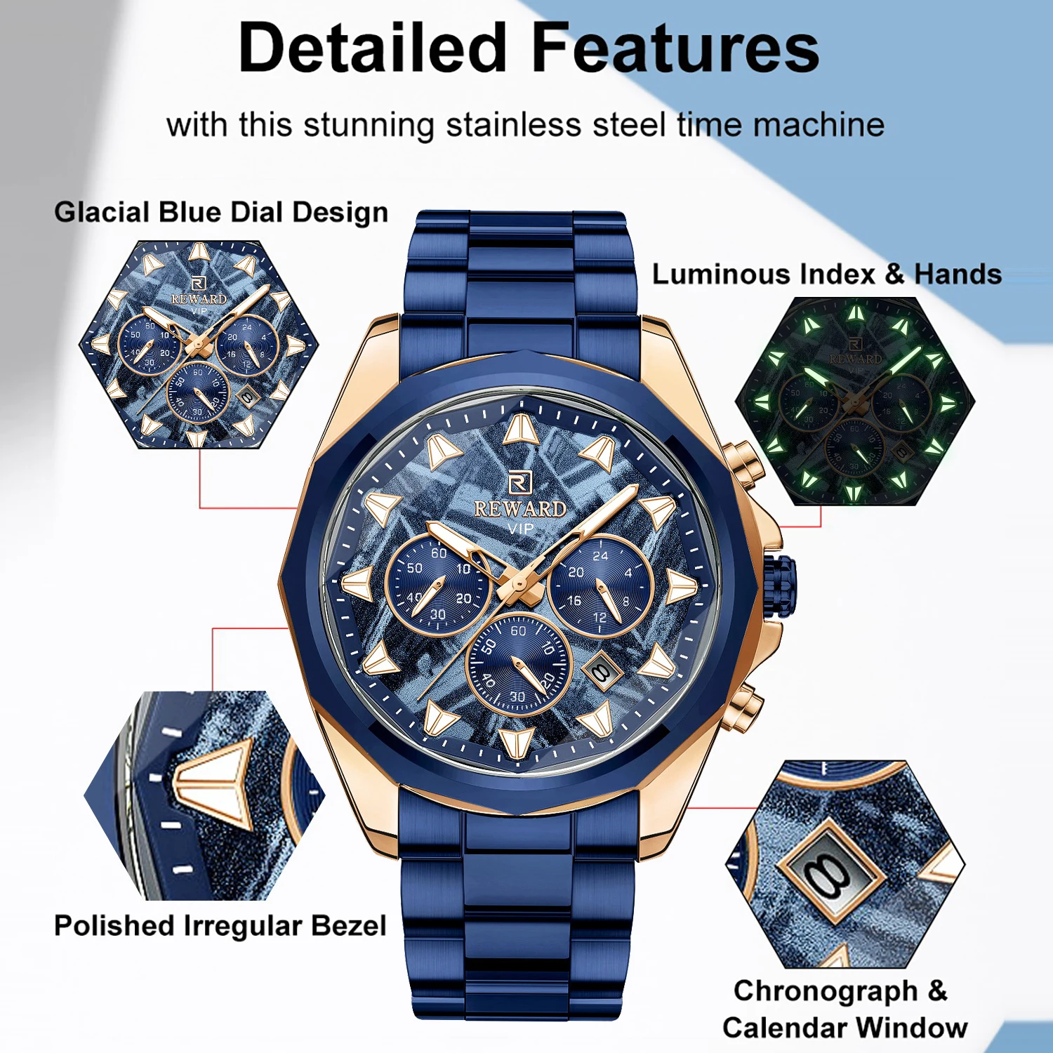 REWARD Dark Blue Watches for Men Fashion Quartz Movement Wristwatches Luminous Hands Waterproof Clock Man