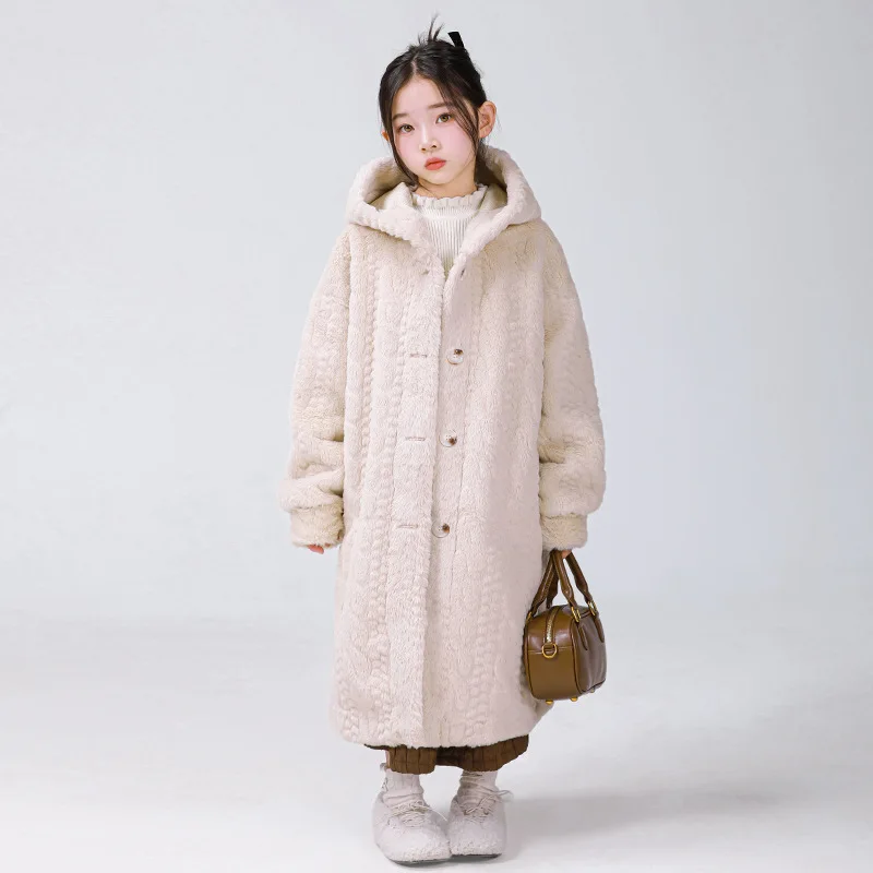 

Winter Children Girl Woolen Coat Fleece Thick Warm Hooded Kid Girl Mid-length Outerwear Loose Velvet Toddler Girl Faux Fur Coats