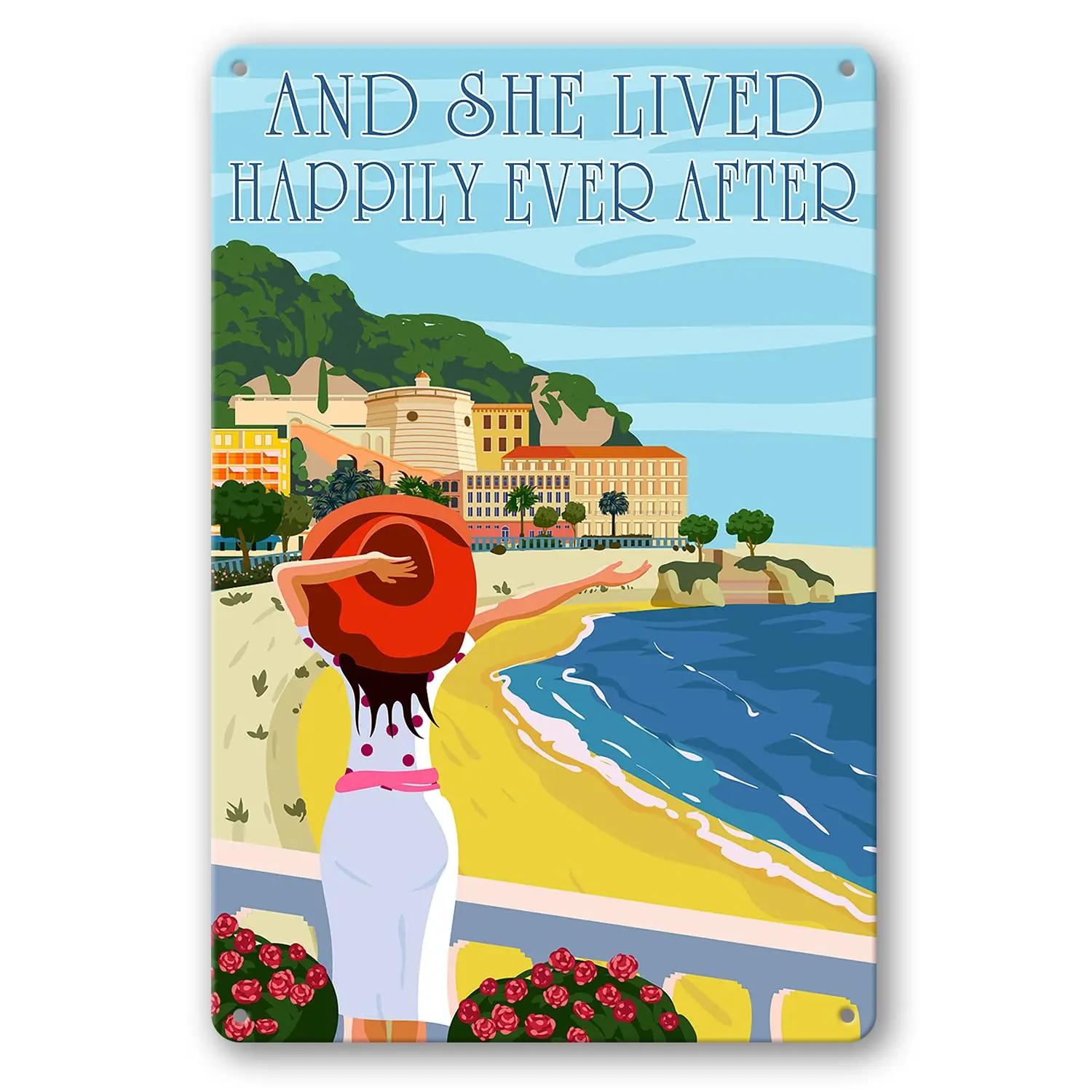 LOVEJIA And She Lived Happily Ever After Sign Metal Tin Signs, Vintage Girl And Beach Art Poster Plaque Kitchen Home Wall Decor