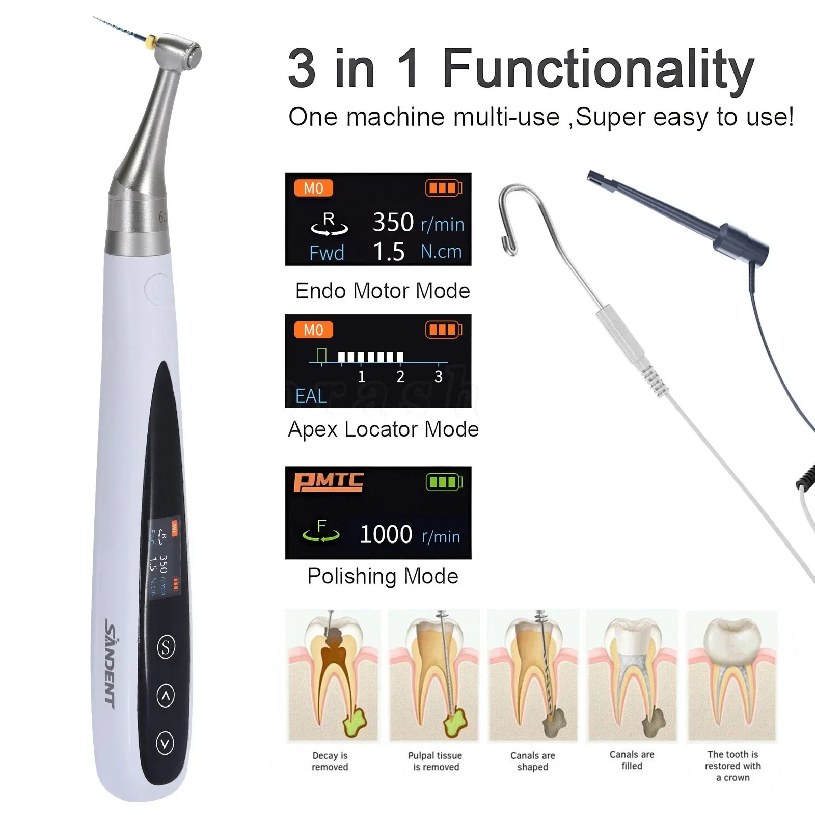 Dental Cordless Endo Motor 6:1 +Apex Locator Root Canal+Hygiene Prophy Handpiece 3in1