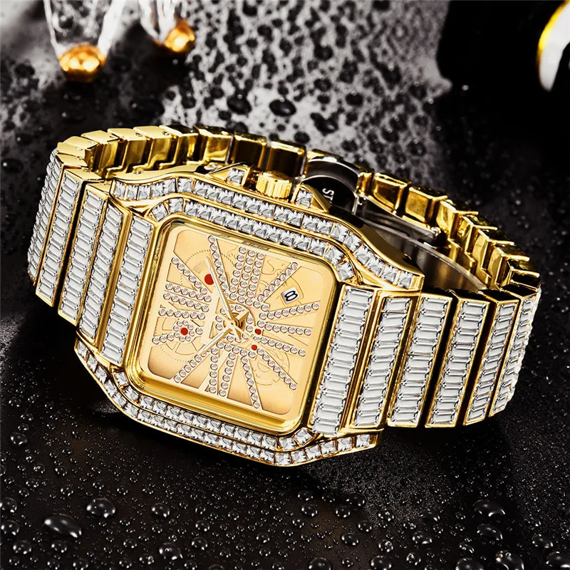 Big Brand Diamond Watches For Male Montre Homme Fashion Alloy Band Hip Hop Golden Date Quartz Watch Relojes Lujo Marcas Men 2024