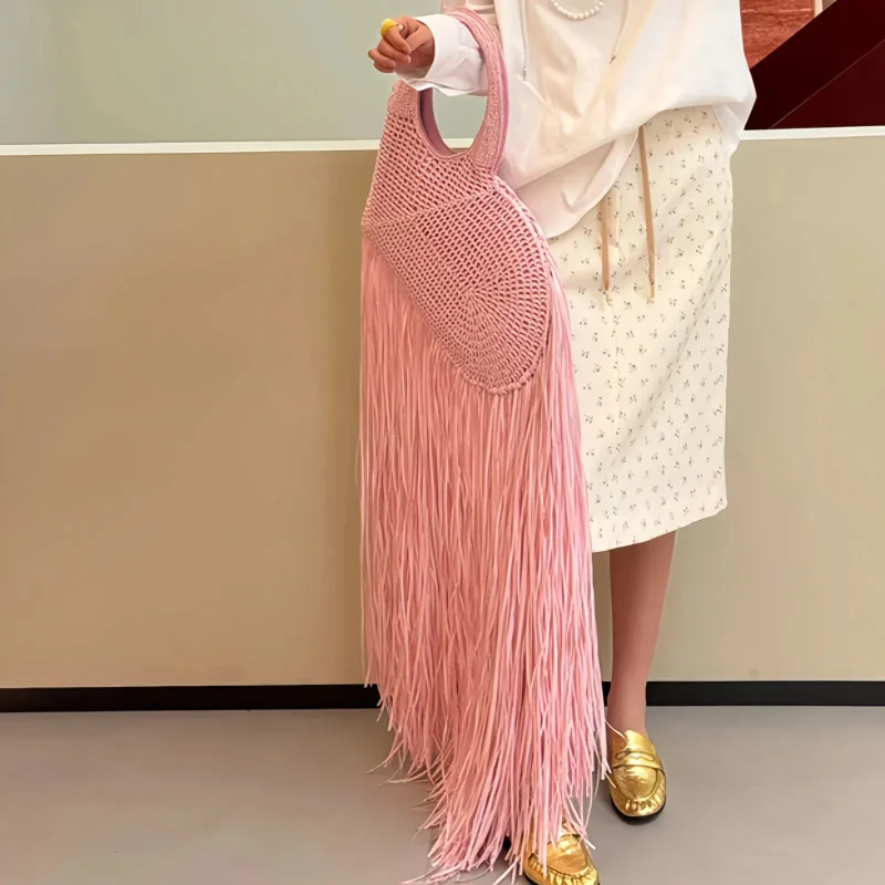 

Tassel Woven Bag Fashion Love Handbag Light Luxury Brand Advanced Creative Design Pink Large Capacity Women's Shoulder Tote Bag