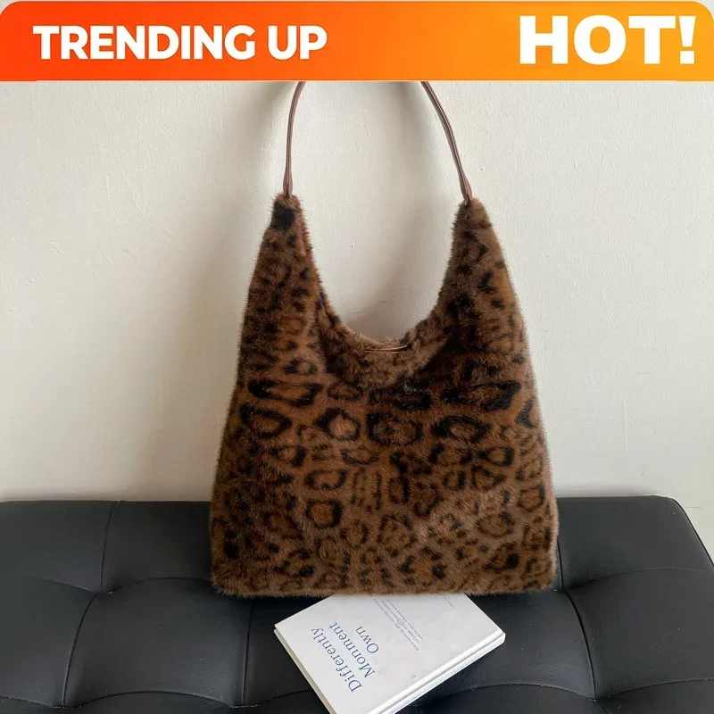 Retro Leopard Print Shoulder Bags New Trendy Hobo Bag Soft Warm Faux Fur Large Capacity Tote Korean Fashion Winter Underarm Bags