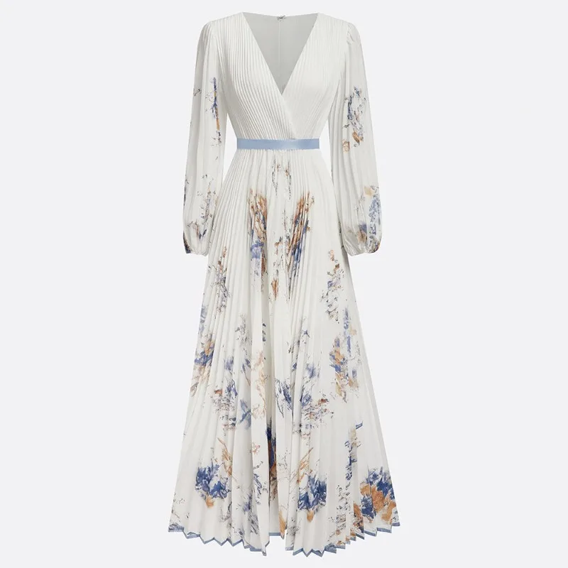 Printed V Neck Maxi Dress Women Pleated Long Vacation Dress Flowy S-3XL