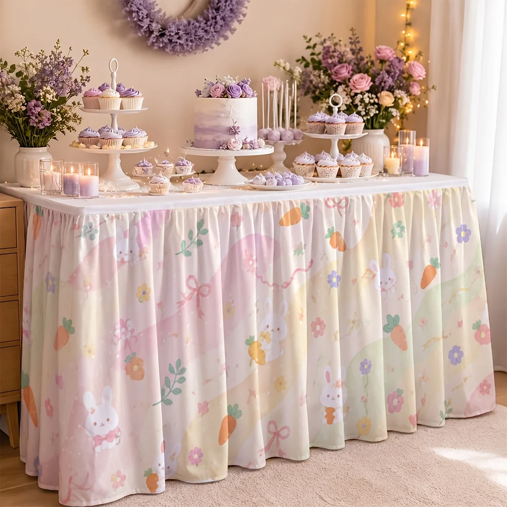 One tablecloth or table skirt in the macaron color scheme featuring rabbits, carrots, flowers, and whimsical garden designs.