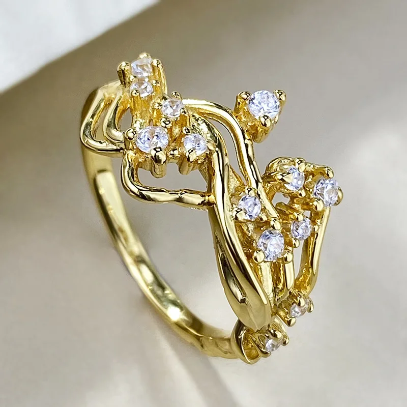 2024 S925 Sterling Silver Plated 18K Gold Small and Unique Branch Ring with Zircon Inlay for A High Quality Sense