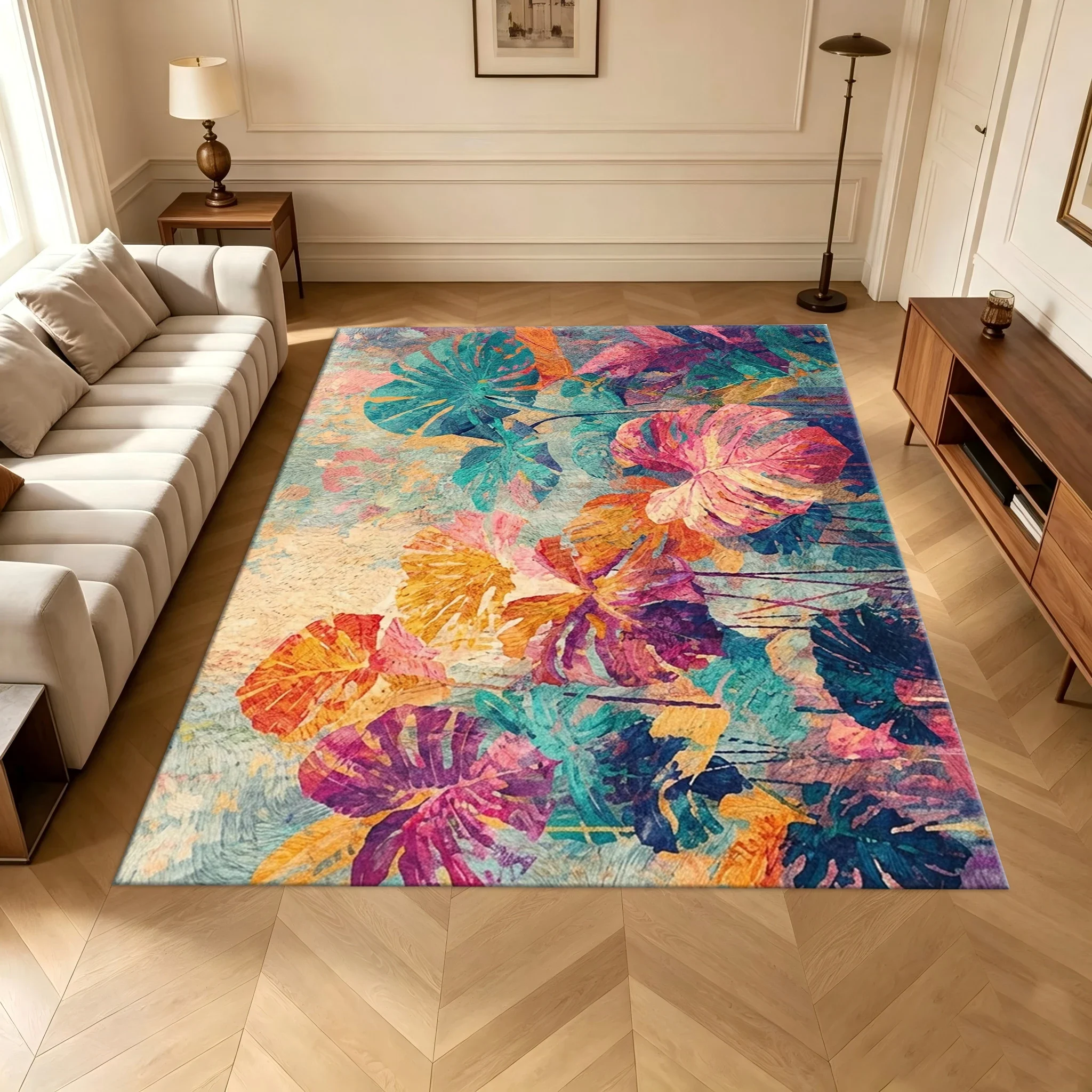 Vintage Tropical Monstera Leaf Area Rug Colorful Boho Plant Print Carpet for Living Room Bedroom Home Decoration