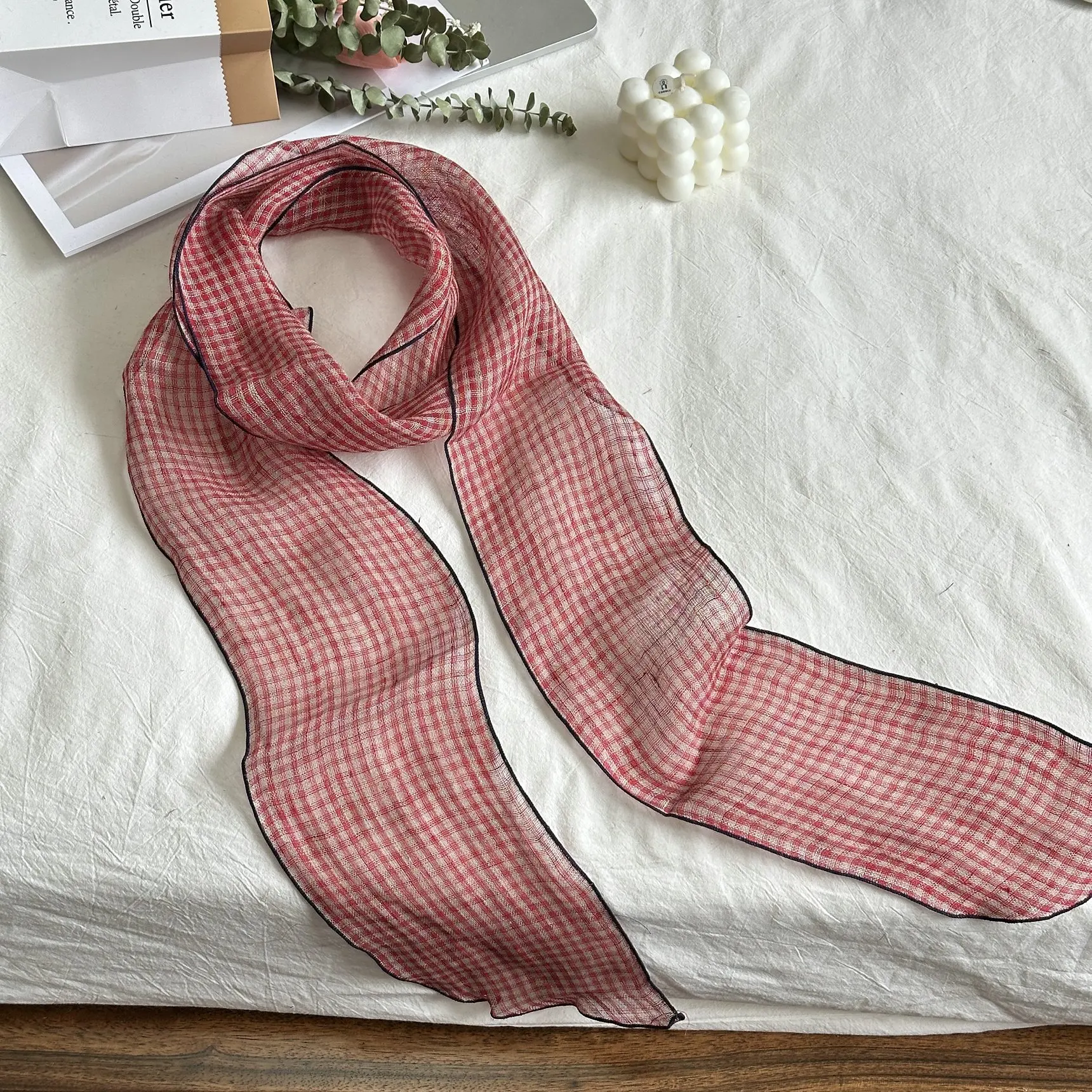 All-Matching High-Grade 100% Linen Long Narrow Thin Scarf Spring and Autumn New Women's Small Scarf Hair Band Arm Bag Ribbon
