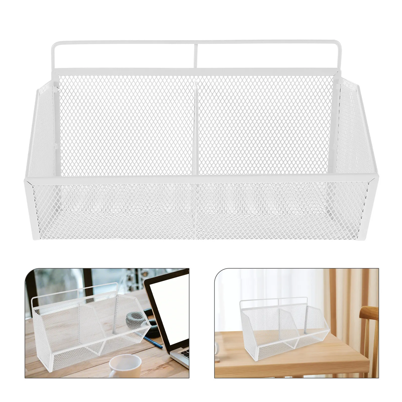 

White Metal File Basket 2 Compartment Inclined Desktop Organizer Rack Dual Slot Document Sorter Multifunctional Office File
