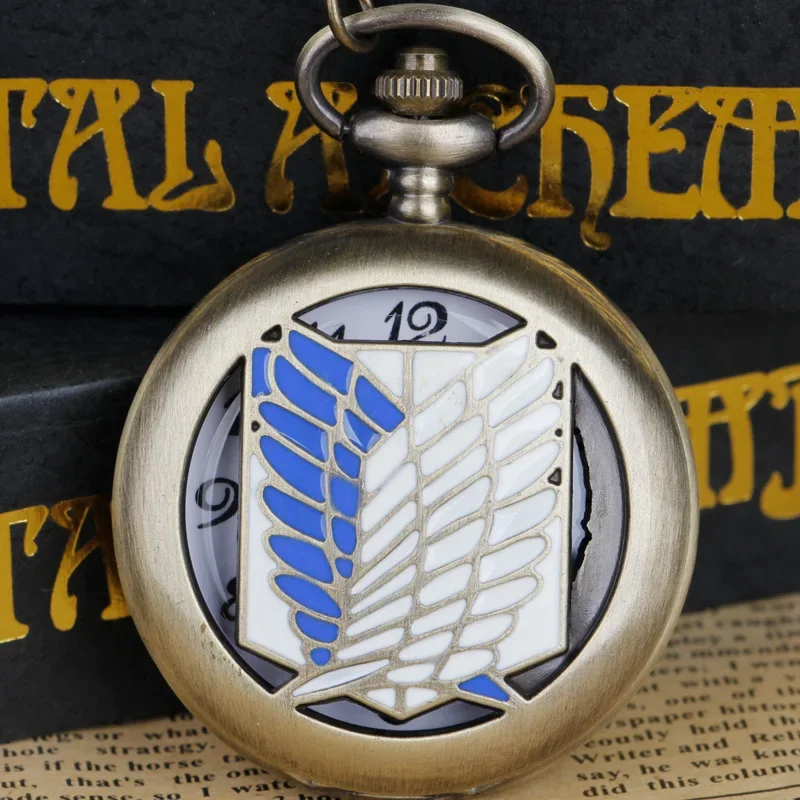 

Vintage Bronze Anime Logo Wings Carved Quartz Pocket Watch Men And Women Gift Fob Pendant Clock