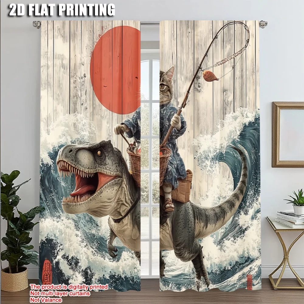 

2pcs, Minimalist Curtains 2D print Funny Cat Dinosaur Fabric (without rod) Home Decor Use for Study, Living Room, Kitchen - Home