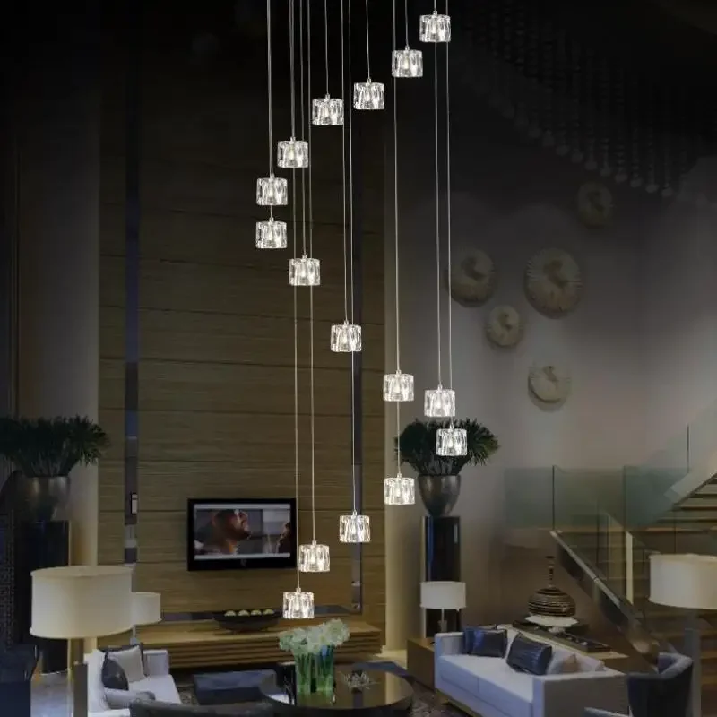 Hotel stairway 1-5M Extra long light fishing hanging Suspension light Cube Glass G4 Led chandelier fixture spiral crystal light