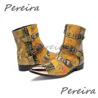 Trendy Suede Leather Chelsea Boots for Men Metal Pointed Toe Belt Buckle Short Booties Street Style Patchwork Zipper Male Shoes
