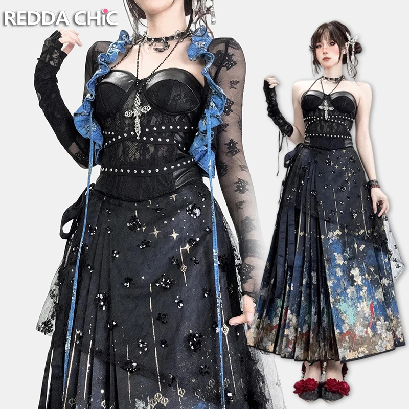 REDDACHiC Renaissance Medieval Women Set Black Lace Rivet Belt Corset Top Shrug Sequin Sarong Pleat Maxi Skirt Goth Alt Clothes