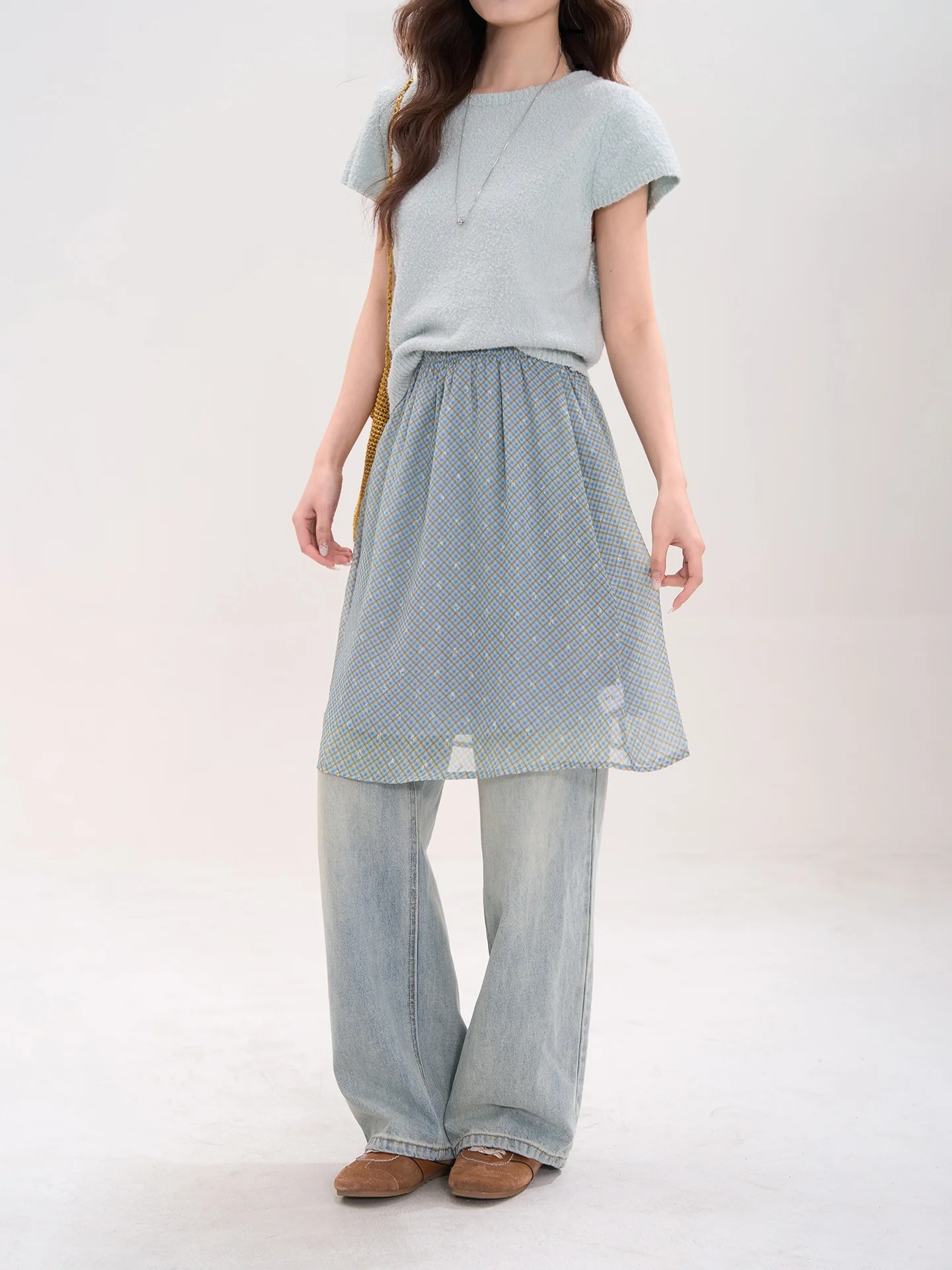 

Весенне-летняя клетчатая шифоновая юбка женская, с высокой талией, многослойная, легкая, в корейском стиле, средней длины