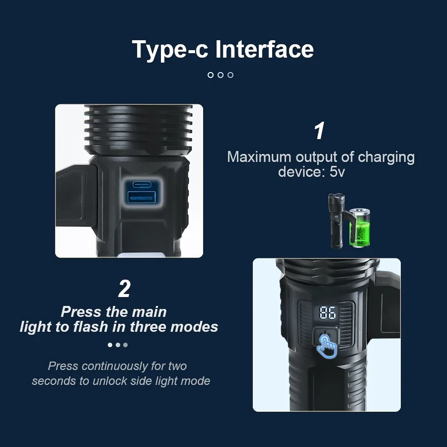 Portable Handheld  LED Flashlight Rechargeable Zoom Smart Digital Display with 7 Dimming Modes Super Bright Emergency Light