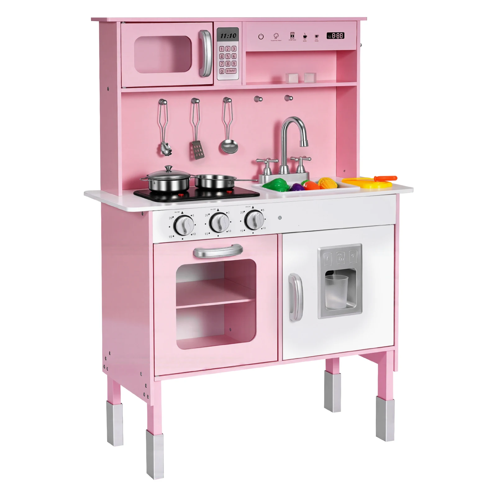 Play Kitchen for Kids, Girls & Boys Ages 3-8, Pink, Wooden, Kids Kitchen Playset with Real Lights & Sounds, Food & Cookware, Pretend Play Toy Set, Microwave, Oven, Clicking Knobs