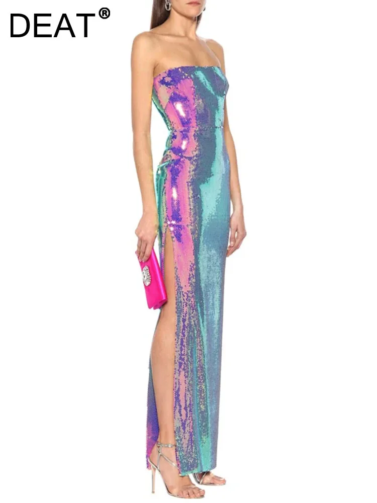 DEAT Elegant Dress Strapless High Slit Colorful Sequins Women\'s Customized Evening Party Dresses 2024 Spring New Fashion 35Z216