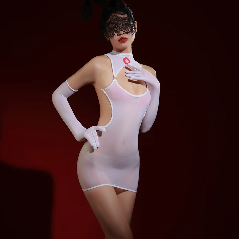 Medias sexis de sirvienta para mujer, vestido de tubo transparente transparente, Micro Mini vestido brillante al óleo, ceñido elástico, vestido de enfermera para Cosplay