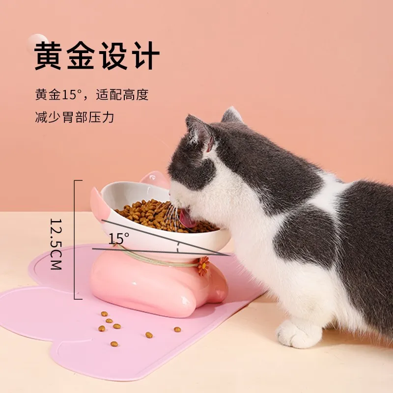 Ceramic Cat Bowl High Foot Cat Bowl Cat Food Bowl Cat Food Bowl Pet Bowl Water Bowl Neck Protection Oblique Mouth Cat Bowl